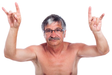 14779657 - middle aged man rebel gesturing, isolated on white background.